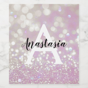 Girly Lilac Shimmer Glitter Sparkles Monogram Name Wine Label