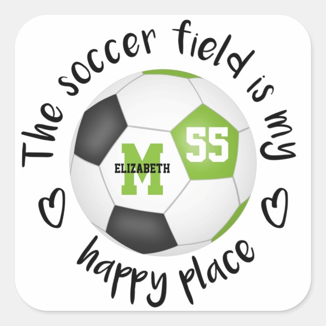 girly lime black soccer field is my happy place square sticker (Front)