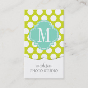 Girly Lime & Pink Big Dots Monogrammed Business Card