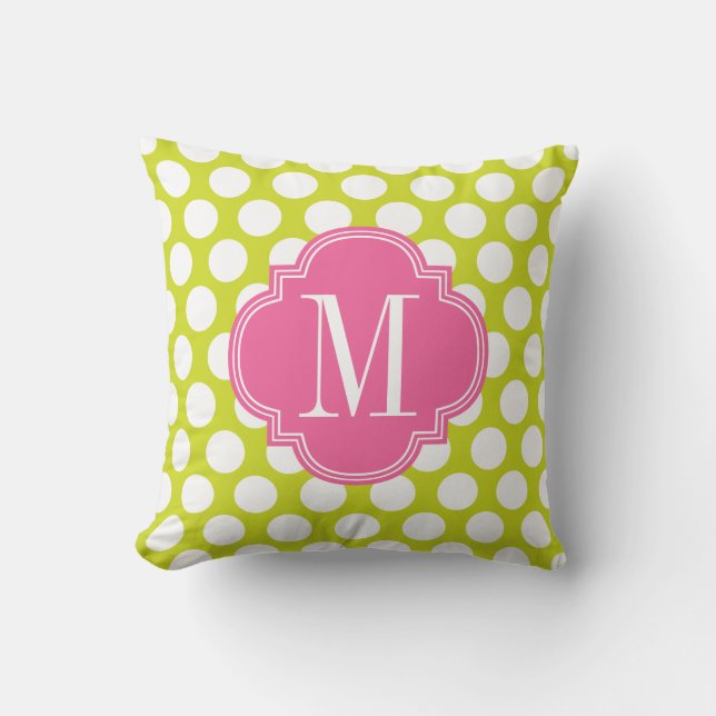 Girly Lime & Pink Big Dots Monogrammed Cushion (Front)