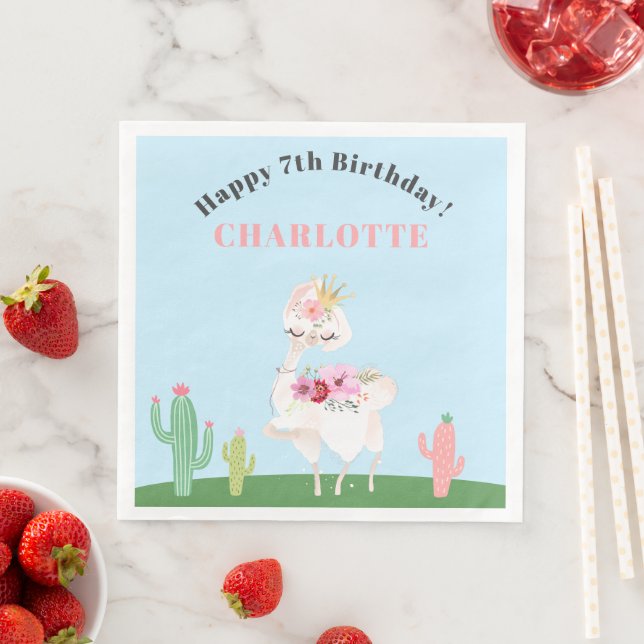 Girly Llama Floral Cactus Birthday Party Napkin (Insitu)