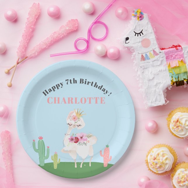 Girly Llama Floral Cactus Birthday Party Paper Plate (Party)