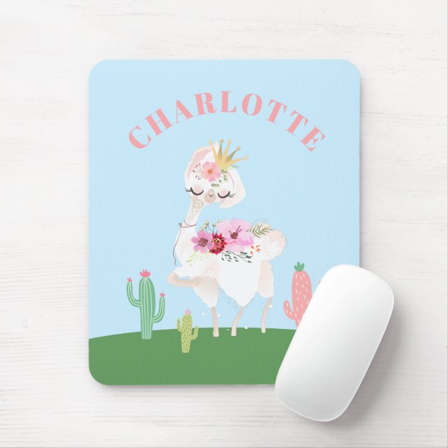 Girly Llama Floral Cactus Mouse Pad (With Mouse)