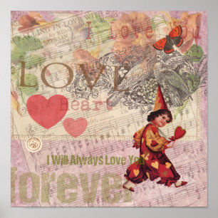 Girly Love Heart Vintage Sweetheart Collage Poster
