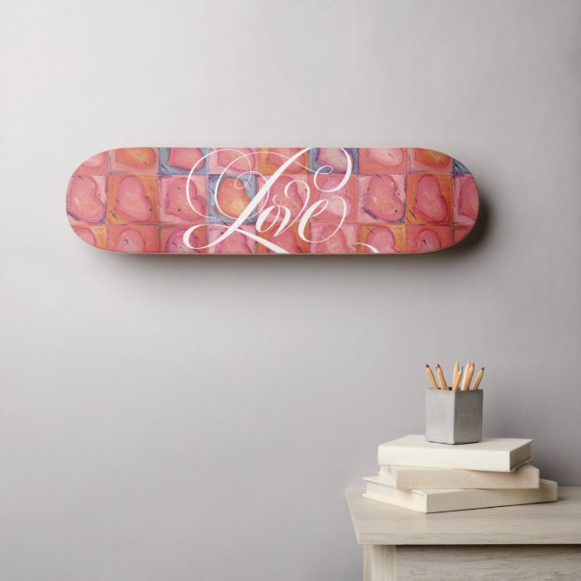 Girly Love Hearts Pink Flourished Calligraphy Skateboard (Wall Art (Horz))