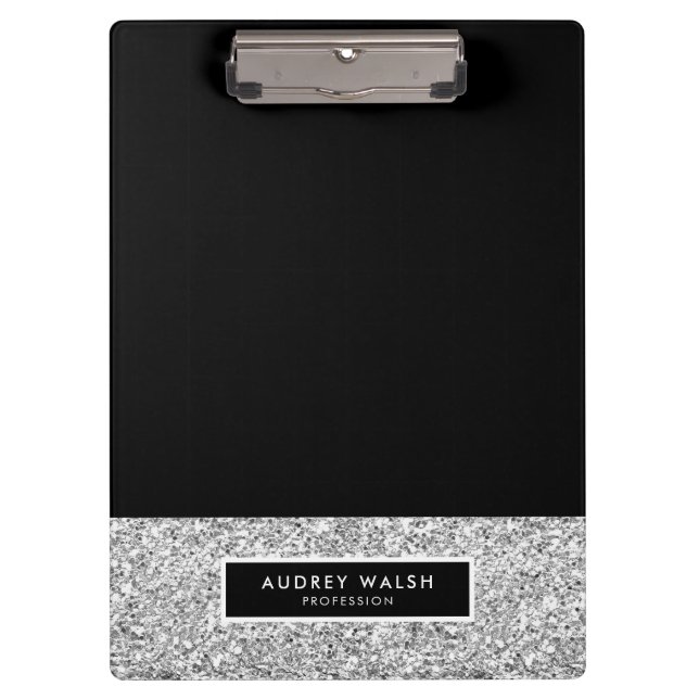 Girly Luxury Silver Sequin Glitter Black Clipboard (Front)