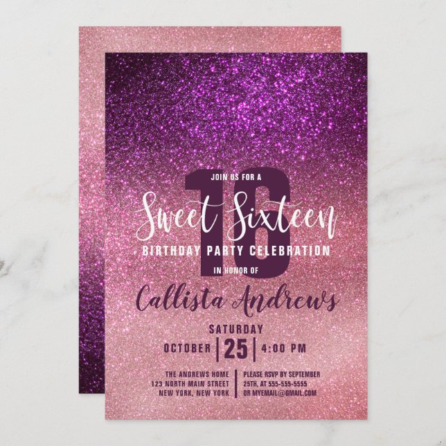 Girly Magenta Pink Triple Glitter Ombre Sweet 16 Invitation (Front/Back)