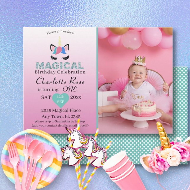 Girly Magical Unicorn Pink 1st Birthday Invitation (Creator Uploaded)