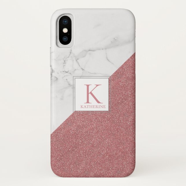 Girly Marble Blush Pink Glitter Monogram Geometric Case-Mate iPhone Case (Back)