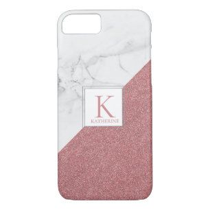 Girly Marble Blush Rose Gold Glitter Monogram iPhone 8/7 Case