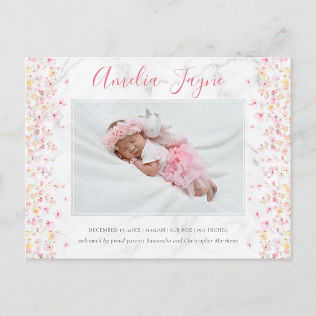 Girly Marble Flower Petal Photo Birth Announcement Postcard (Front)