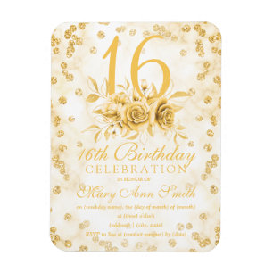 Girly Marble Glitter Gold Floral Sweet 16th  Magnet