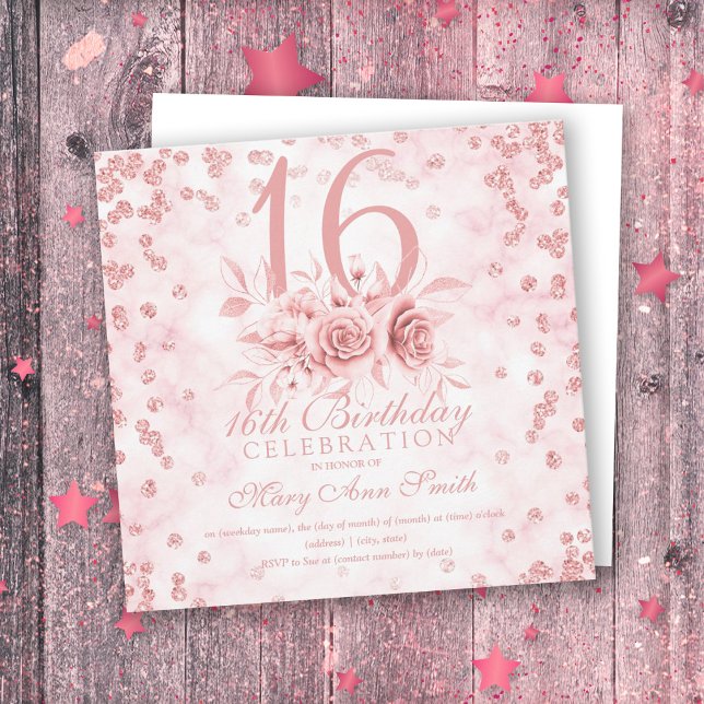 Girly Marble Glitter Rose Gold Floral Sweet 16th I (Creator Uploaded)