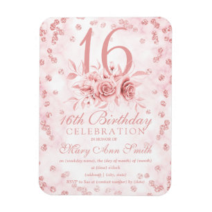 Girly Marble Glitter Rose Gold Floral Sweet 16th I Magnet