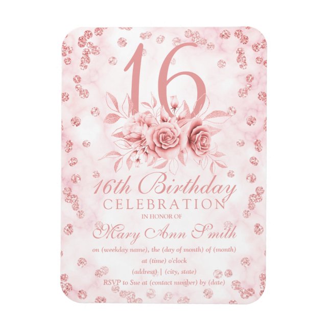 Girly Marble Glitter Rose Gold Floral Sweet 16th I Magnet (Vertical)