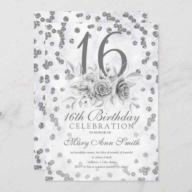 Girly Marble Glitter Silver Floral Sweet 16th Invitation (Front/Back)