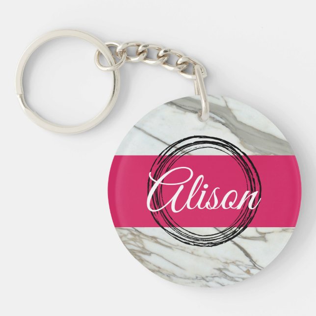 Girly marble pink custom name design key ring (Front)