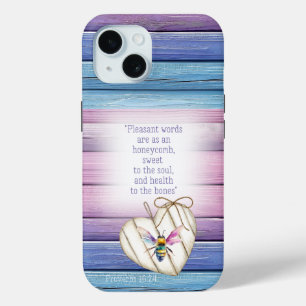 Girly Mauve Blue Wood Heart Watercolor Bee Bible iPhone 15 Case