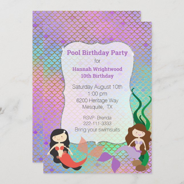 Girly Mermaid Birthday Pool Party Invitation (Front/Back)