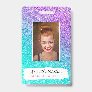 Girly mermaid purple glitter chic turquoise ombre ID badge