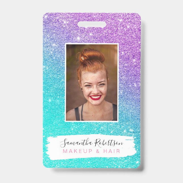 Girly mermaid purple glitter chic turquoise ombre ID badge (Front)