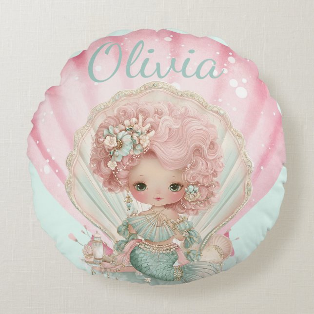 Girly Mermaid Seashell Lovers Name  Round Cushion (Front)