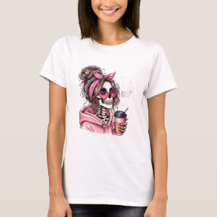 Girly Messy Bun Skeleton Heart Sunglasses Pink Aes T-Shirt