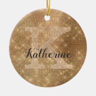 Girly Metallic Gold Diamond Sparkle Monogram Name Ceramic Ornament