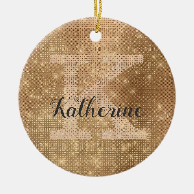 Girly Metallic Gold Diamond Sparkle Monogram Name Ceramic Ornament (Front)