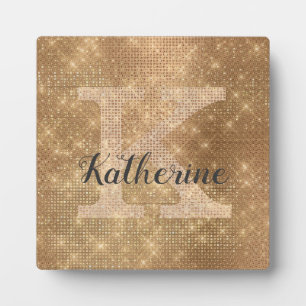 Girly Metallic Gold Diamond Sparkle Monogram Name Plaque