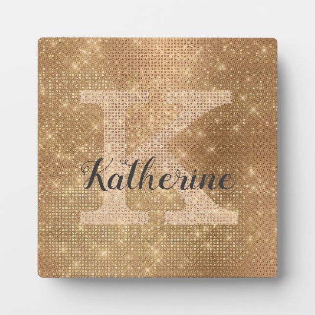 Girly Metallic Gold Diamond Sparkle Monogram Name Plaque (Front)