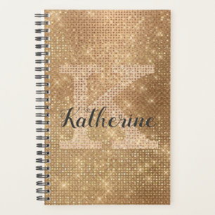 Girly Metallic Gold Glitter Diamond Monogram Name Planner