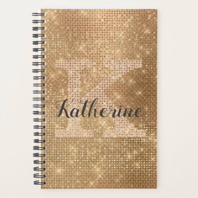 Girly Metallic Gold Glitter Diamond Monogram Name Planner (Front)