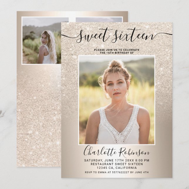 Girly metallic gold glitter ombre 3 photo Sweet 16 Invitation (Front/Back)