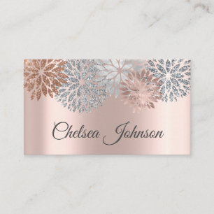 Girly Metallic Rose Gold & Glitter Dahlia Flower Business Card