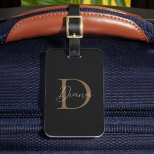 Girly Midnight Black Mossy Gold Script Monogram Luggage Tag