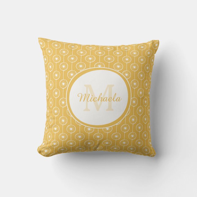 Girly Mimosa Yellow Monogrammed Name Heart Dots Cushion (Front)