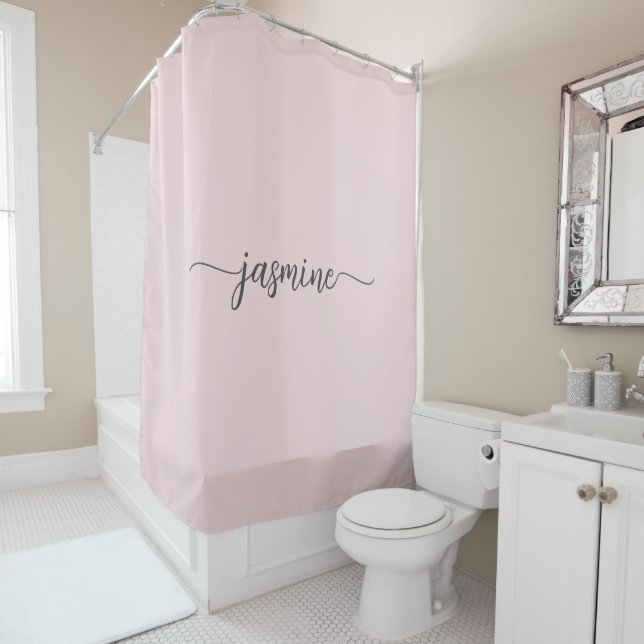 Girly Minimal Blush Personalised Monogram Name Shower Curtain (In Situ)