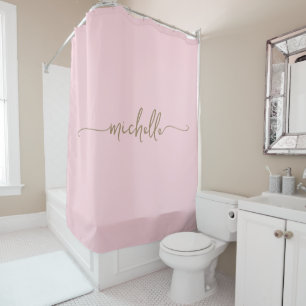 Girly Minimal Blush Pink Monogram Name Calligraphy Shower Curtain