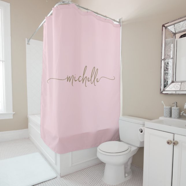 Girly Minimal Blush Pink Monogram Name Calligraphy Shower Curtain (In Situ)