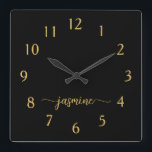 Girly Minimalist Black Gold Monogram Name Script Square Wall Clock<br><div class="desc">Girly Simple Minimalist Black And Gold Monogram Name Script Custom Personalised Square Wall Clock. These design featuring your first name in a pretty hand lettered style swash tail font signature typography on black and gold. These are easy to customise it. Great stylish feminine housewarming gift, also for birthday, wedding, bridal...</div>