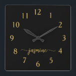 Girly Minimalist Black Gold Monogram Name Script Square Wall Clock<br><div class="desc">Girly Simple Minimalist Black And Gold Monogram Name Script Custom Personalised Square Wall Clock. These design featuring your first name in a pretty hand lettered style swash tail font signature typography on black and gold. These are easy to customise it. Great stylish feminine housewarming gift, also for birthday, wedding, bridal...</div>