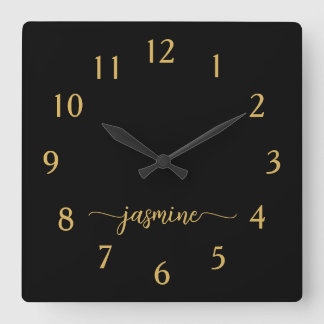 Girly Minimalist Black Gold Monogram Name Script Square Wall Clock