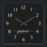 Girly Minimalist Monogram Name Script Black  Square Wall Clock<br><div class="desc">Girly Simple Minimalist Black Monogram Name Script Custom Personalised Square Wall Clock. These design featuring your first name in a pretty hand lettered style swash tail font signature typography white script on black colour background. These are easy to customise it. Great stylish feminine housewarming gift, also for birthday, wedding, bridal...</div>