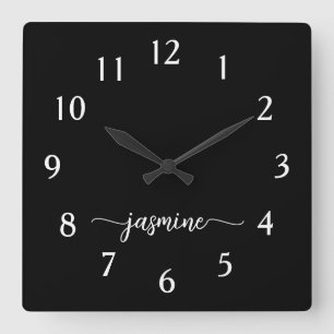 Girly Minimalist Monogram Name Script Black  Square Wall Clock