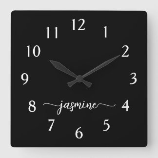 Girly Minimalist Monogram Name Script Black Square Wall Clock