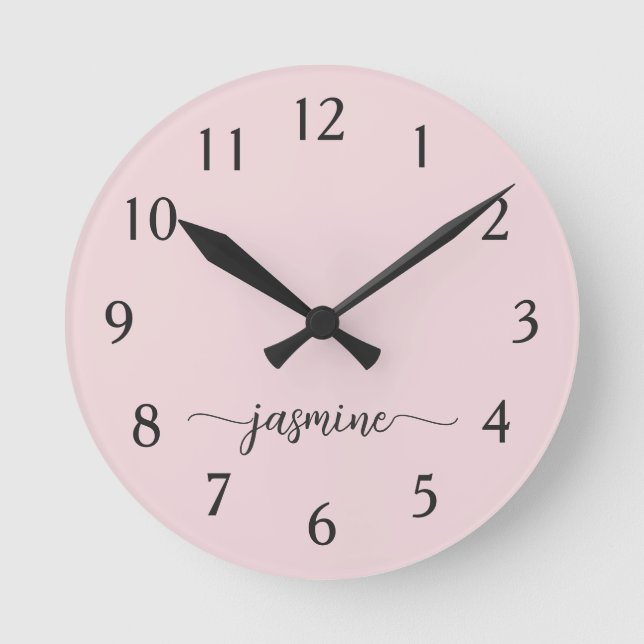 Girly Minimalist Monogram Name Signature Script Round Clock (Front)