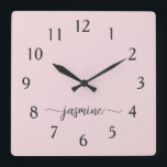 Girly Minimalist Monogram Name Signature Script Square Wall Clock<br><div class="desc">Girly Simple Minimalist Blush Pink Monogram Name Script Custom Personalized Square Wall Clock. These design featuring your first name in a pretty hand lettered style swash tail font signature typography on blush pink or dusty pink. These are easy to customize it. Great stylish feminine housewarming gift, also for birthday, wedding,...</div>