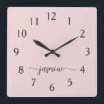 Girly Minimalist Monogram Name Signature Script Square Wall Clock<br><div class="desc">Girly Simple Minimalist Blush Pink Monogram Name Script Custom Personalized Square Wall Clock. These design featuring your first name in a pretty hand lettered style swash tail font signature typography on blush pink or dusty pink. These are easy to customize it. Great stylish feminine housewarming gift, also for birthday, wedding,...</div>