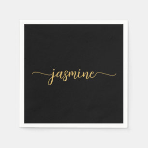 Girly Minimalist Simple Black Gold Monogram Script Napkin